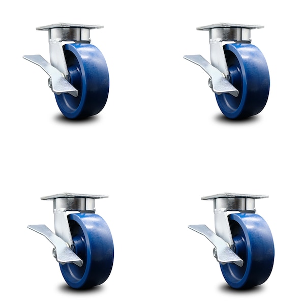 6 Inch Kingpinless Solid Poly Wheel Swivel Caster Set with Brakes
